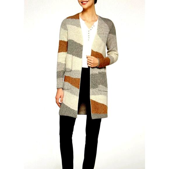 Fortune & Ivy Layla Seamless Open Cardigan Cream,Tan & Grey L - Picture 1 of 12